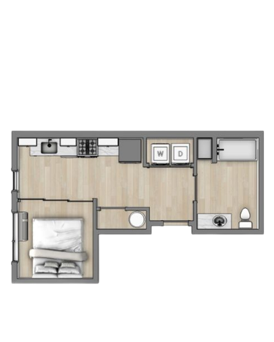 Apartment floor plan with one bedroom, living area, kitchen, and bath in a compact layout.