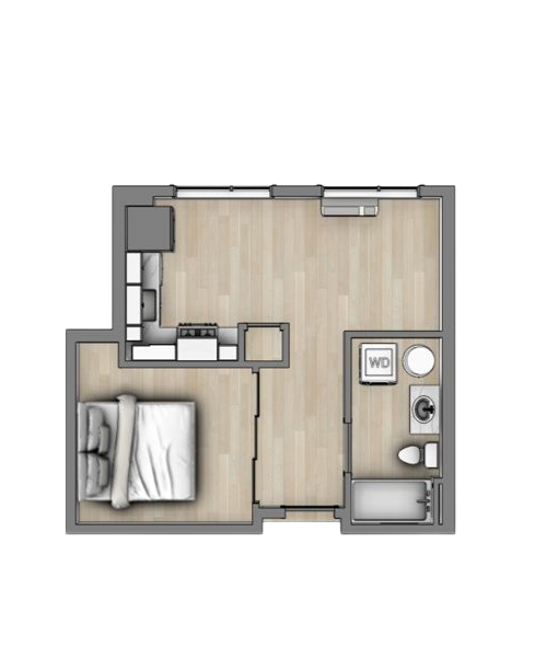 Floor plan of a compact studio apartment with bed, kitchen, and bathroom labeled E1.