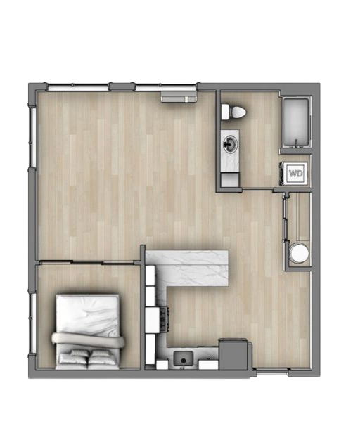 Small apartment floor plan with a bedroom, kitchen, and bathroom in light wood tones