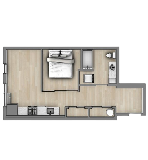 Apartment floor plan with one bedroom, bath, kitchen, and living area in beige and gray.
