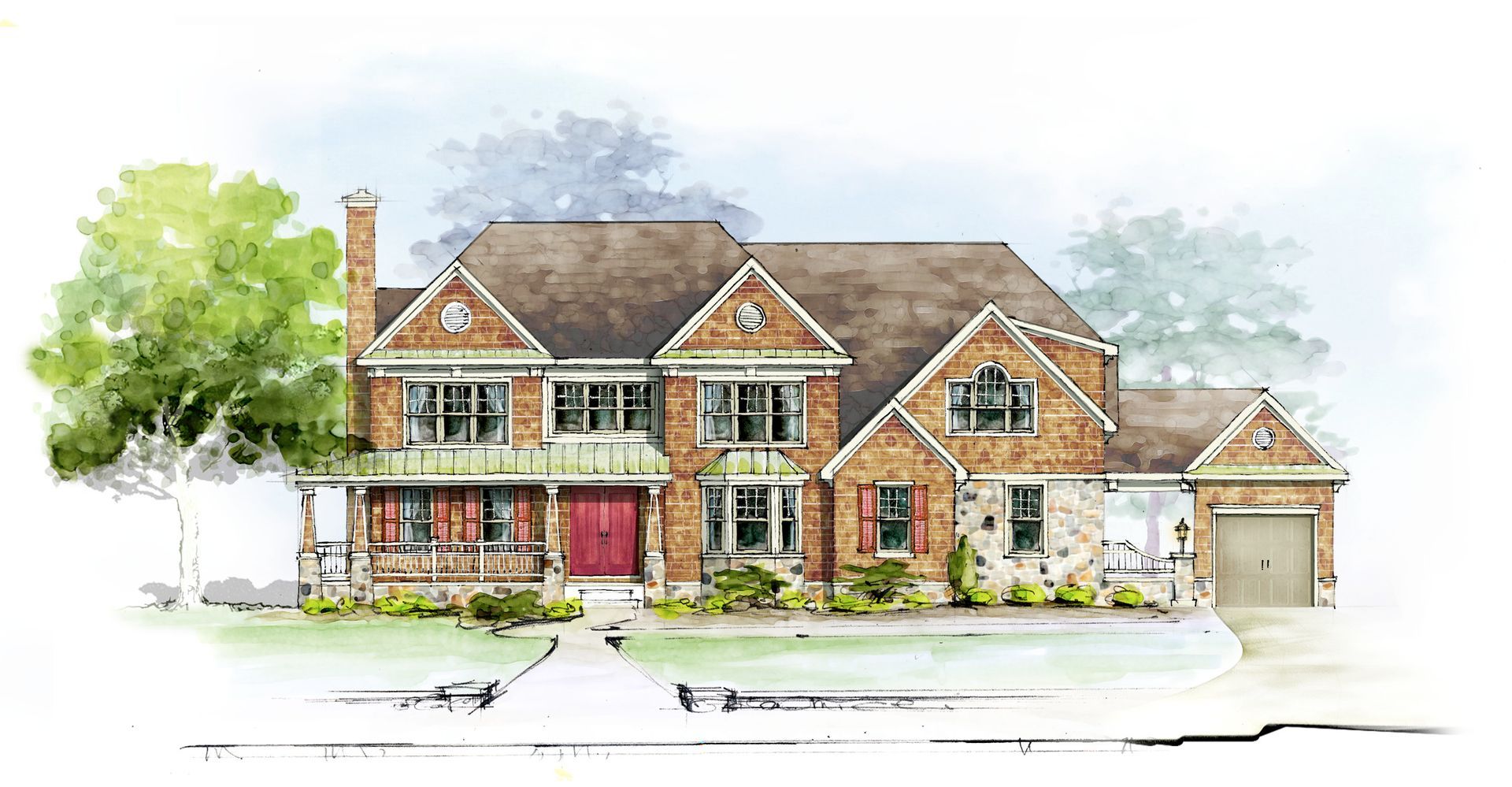 A drawing of a large brick house with a red door.