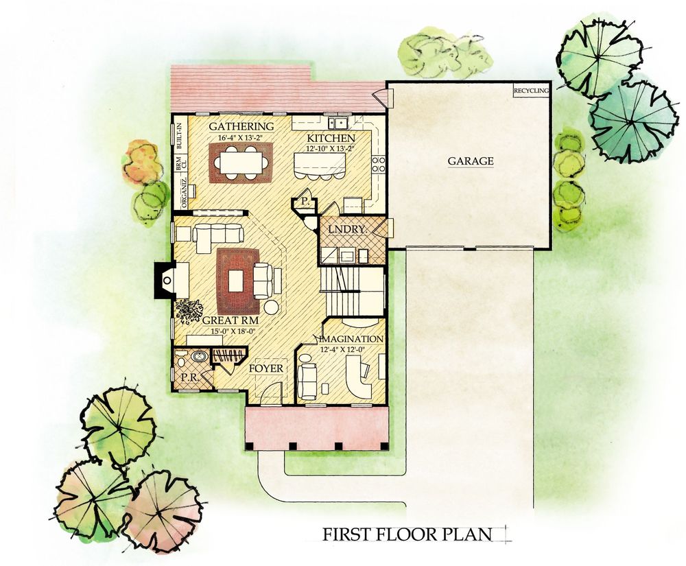 A first floor plan of a house with a garage