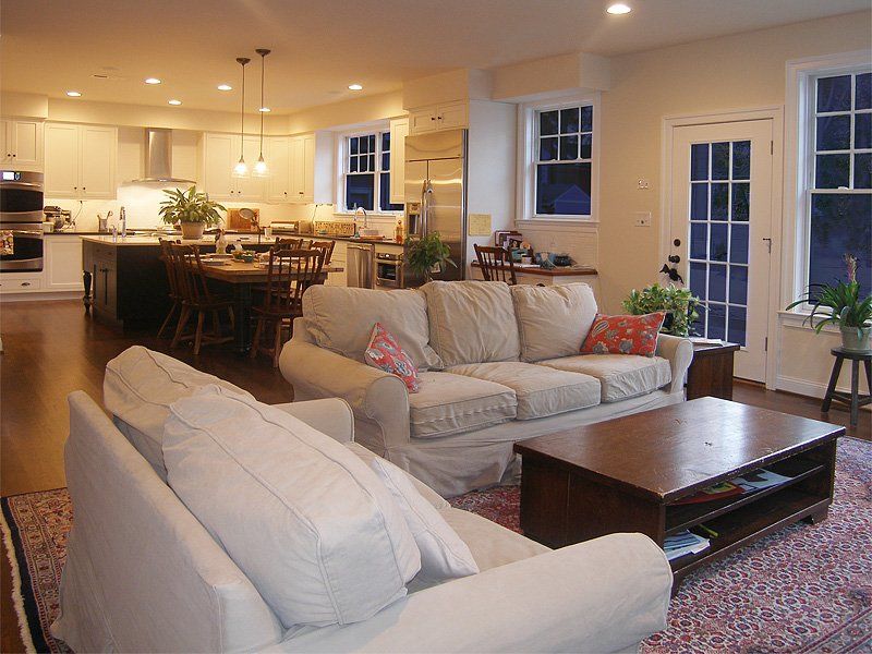 A living room with a couch and a coffee table