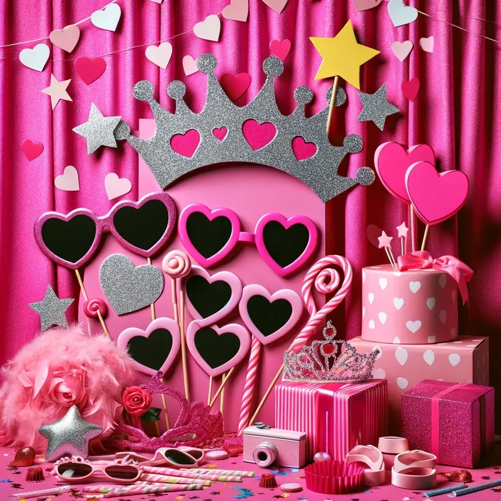 A pink and silver crown with hearts on it with pink sunglasses