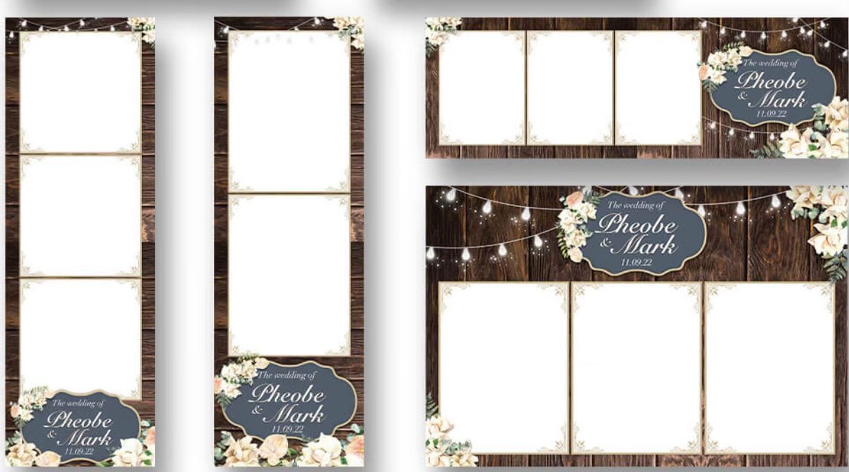 A set of photo booth frames with flowers and lights on a white background.