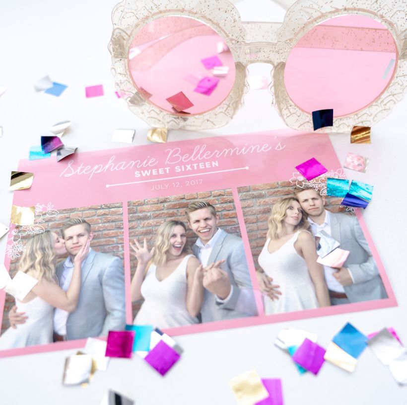 A stephanie bellermine 's sweet sixteen photo booth with sunglasses and confetti