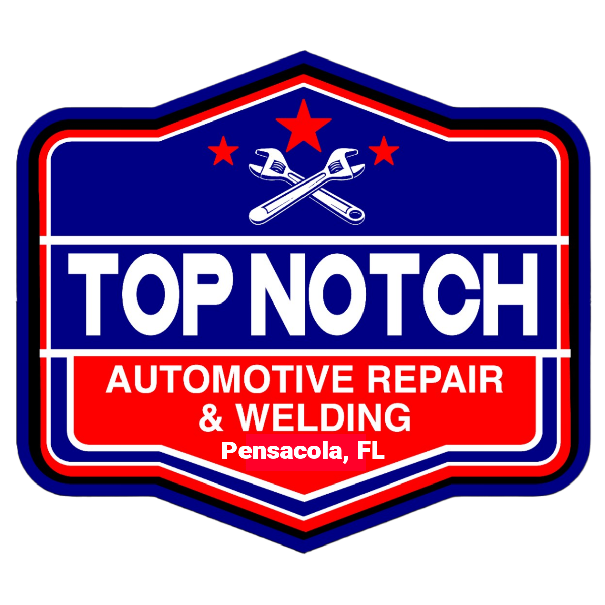 Logo for Top Notch Automotive Repair & Welding, Pensacola, FL: Blue and red emblem with crossed wrenches and stars.