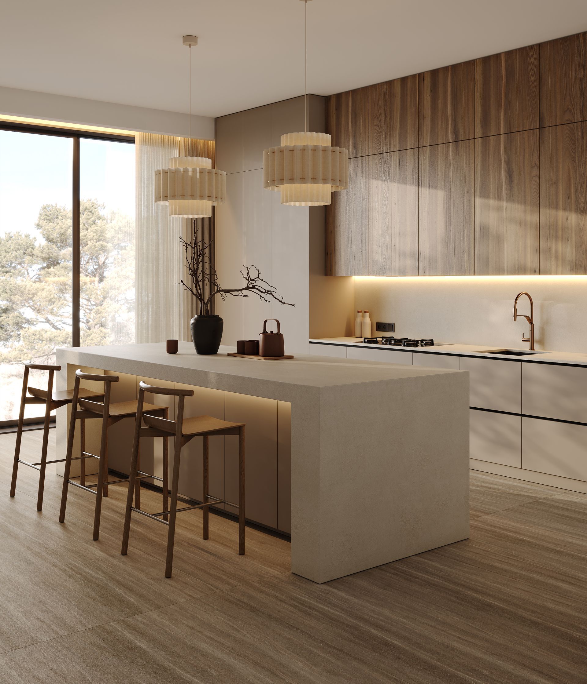 Modern minimalist kitchen and dining area with wood accents, stone island, bar stools, and pendant lights
