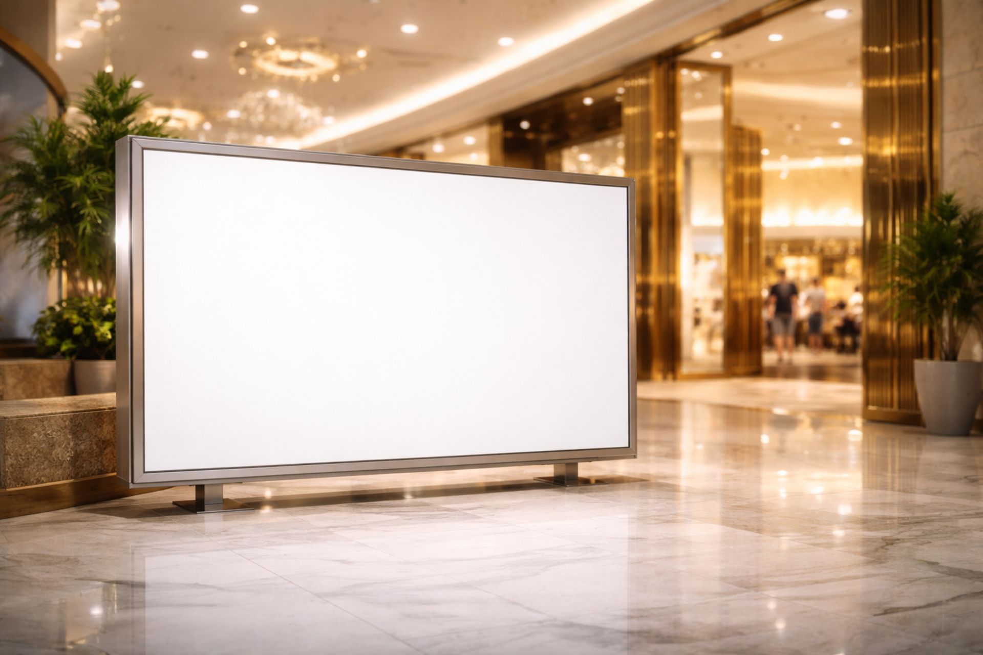 Blank white digital billboard in a modern hotel lobby with marble floors and gold accents