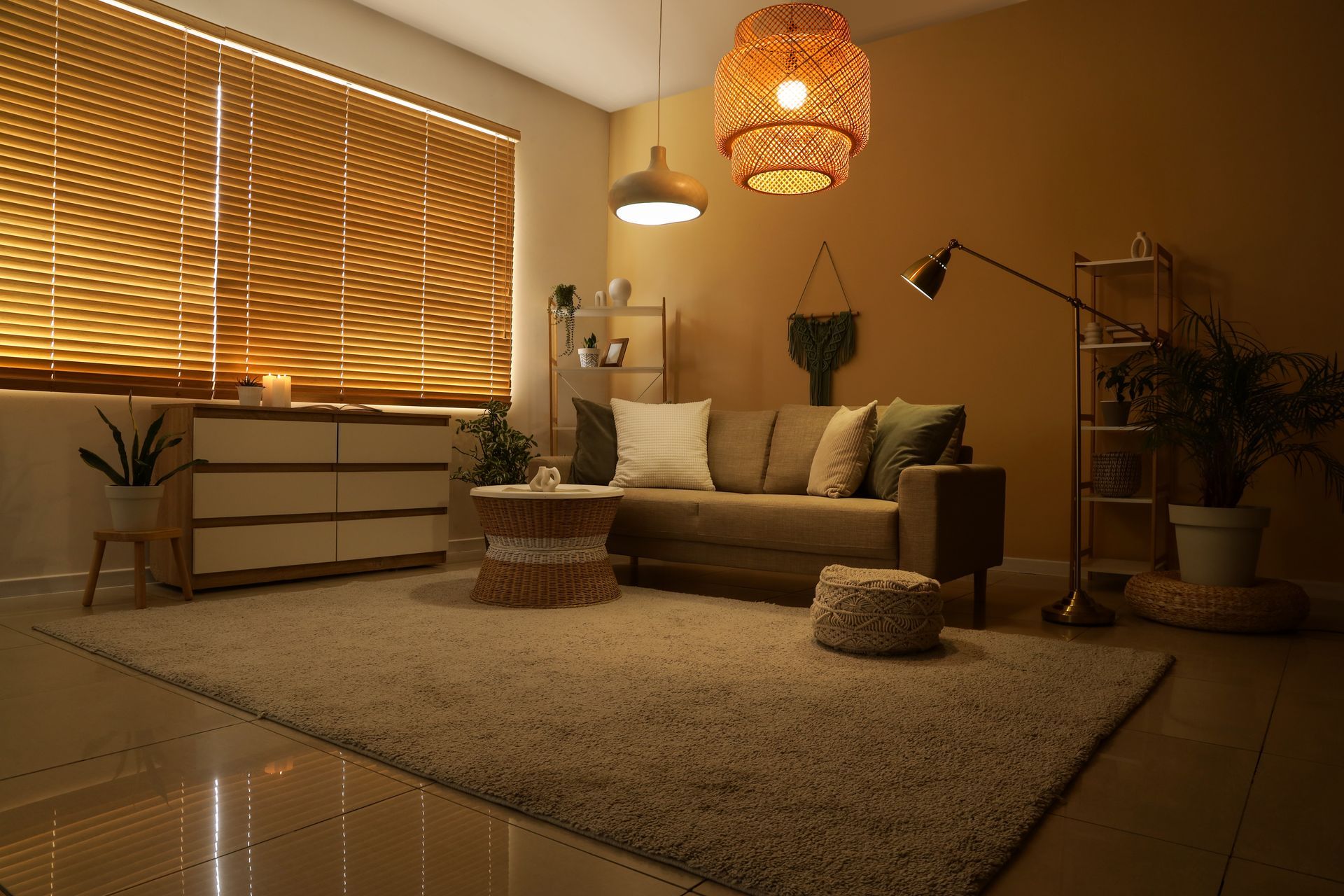 Warm living room with beige sofa, woven pendant light, bamboo blinds, and textured rug