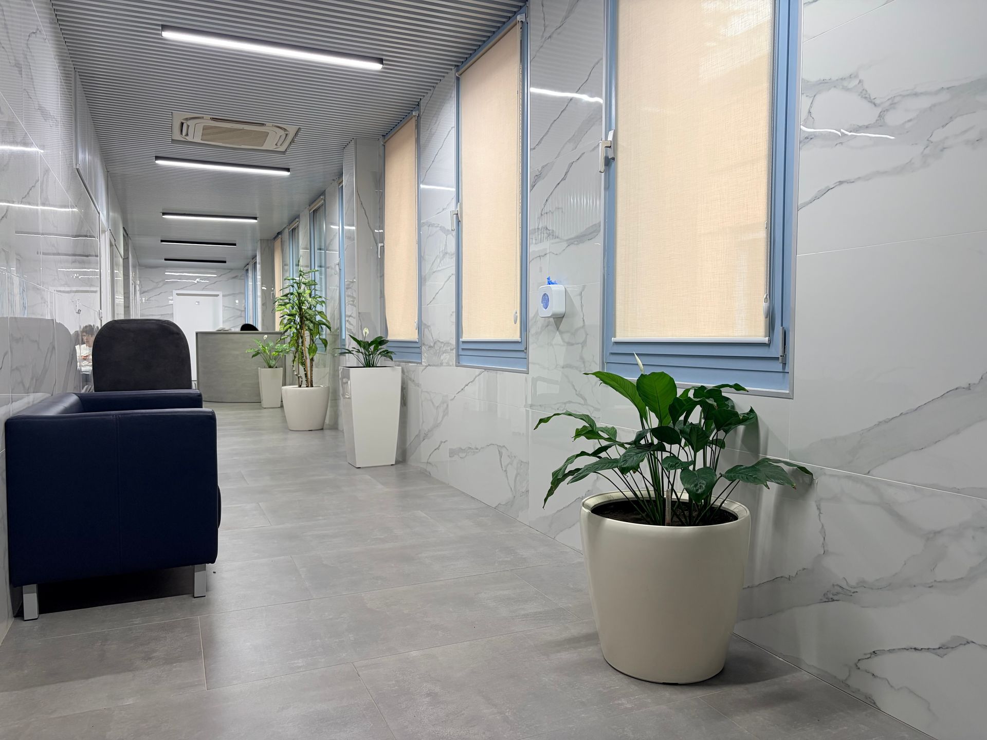 Modern office corridor with marble walls, blue chairs, potted plants, and a wavy ceiling, brightly lit