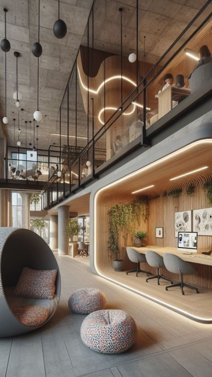 Modern loft lobby with curved lounge chairs, pendant lights, and glass-walled workspaces