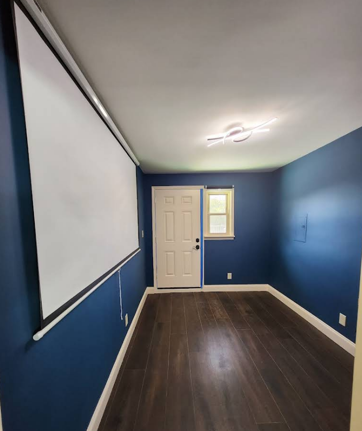 A room with dark blue walls, hardwood flooring, a white projection screen on the left, and a white door with a window.