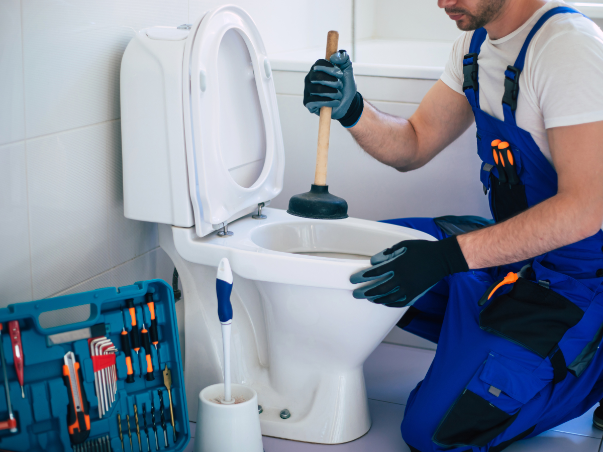 Plumber using a plunger on a toilet in a bathroom. Tools are in a blue case.