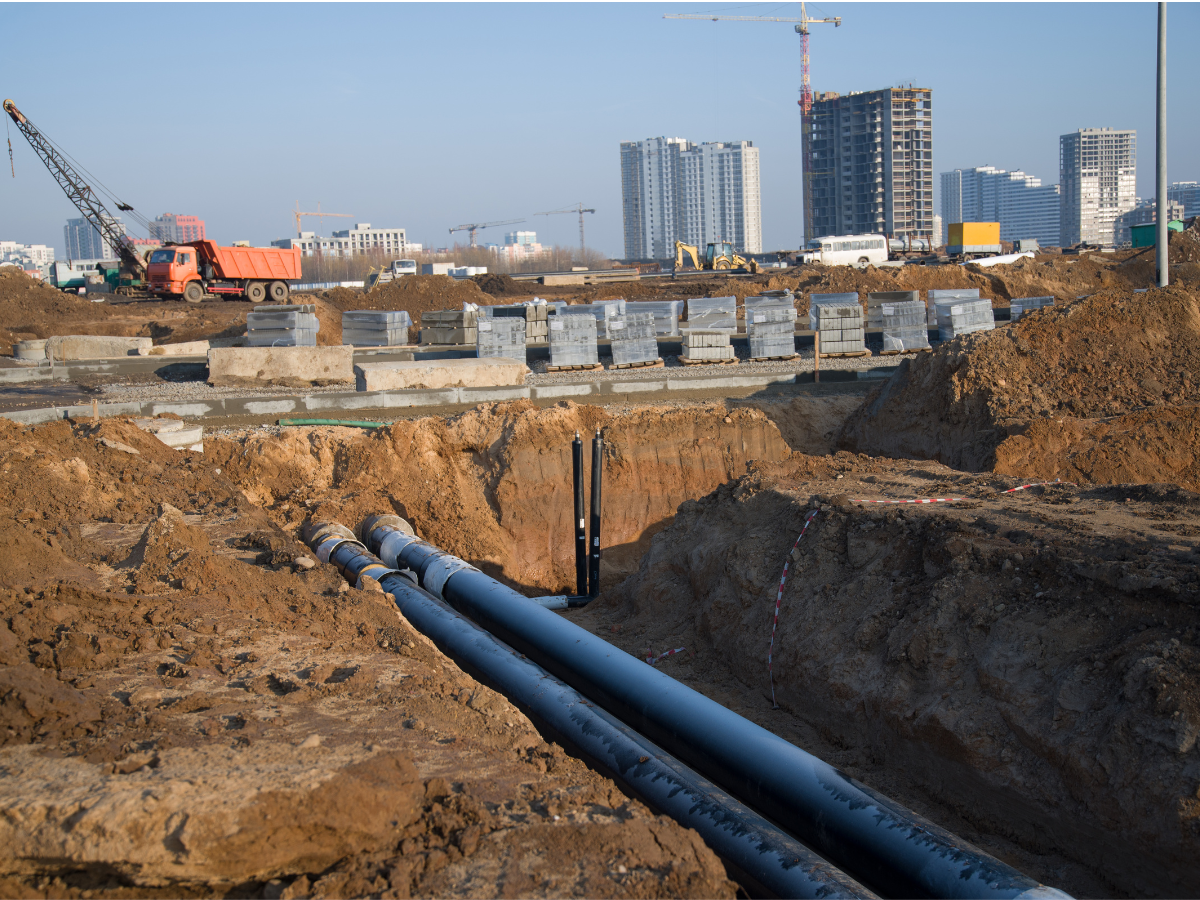 Construction site with open trench, pipes, and buildings in the background.