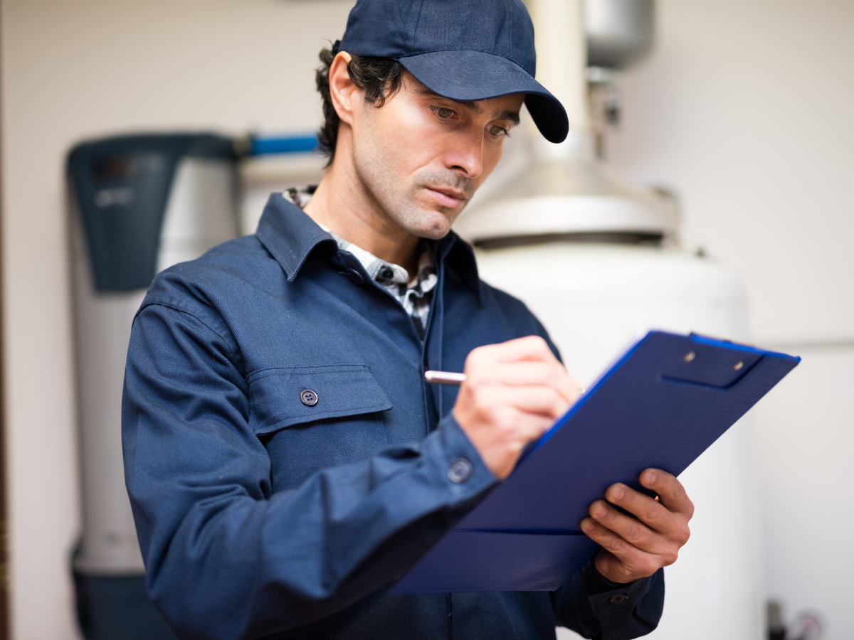 Plumber in a blue uniform inspecting a water heater, writing on a clipboard.
