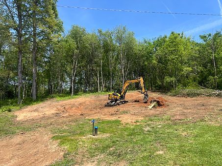 Excavator clearing dirt on a grassy lot beside a tree line under a clear blue sky