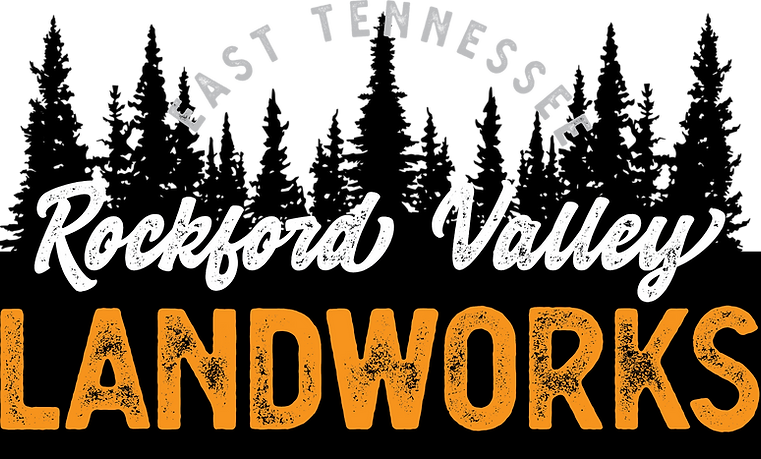 Rockford Valley Landworks logo with pine trees and East Tennessee text in black, white, and orange