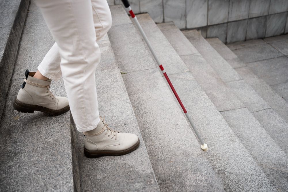 Person using a white cane descends gray stone stairs, wearing beige pants and shoes.