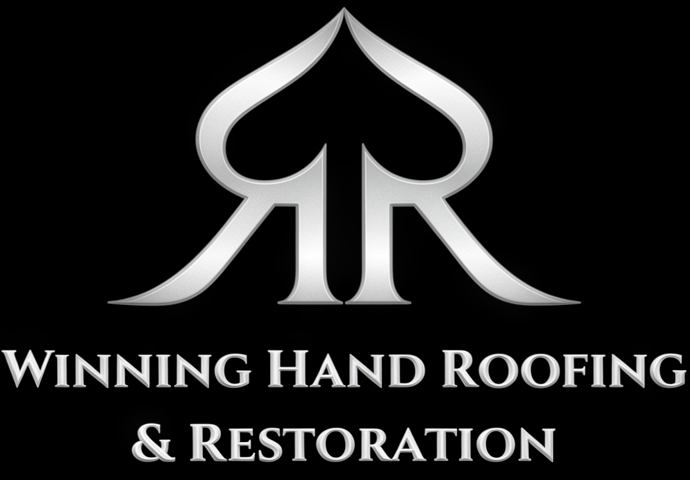 White stylized roof logo above “Winning Hand Roofing & Restoration” on black background