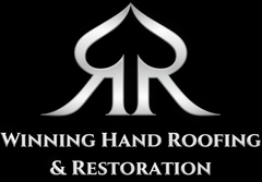 White stylized roof logo above &ldquo;Winning Hand Roofing & Restoration&rdquo; on black background