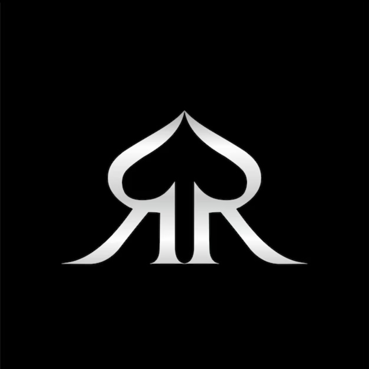 White spade-shaped logo with mirrored “R” letters on a black background
