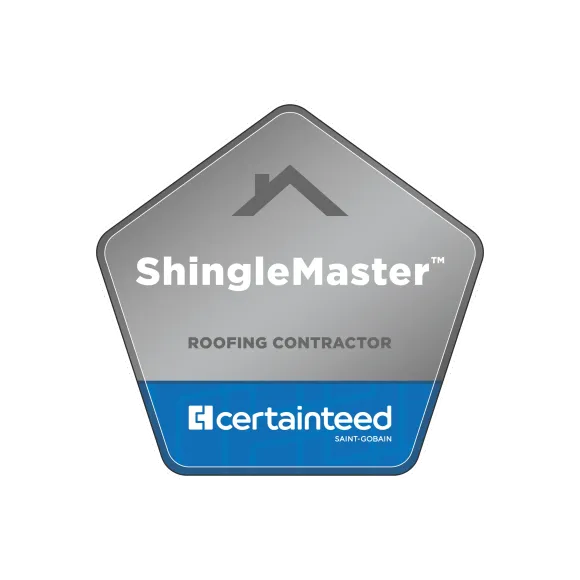 Silver and blue ShingleMaster CertainTeed roofing contractor badge with house roof icon.