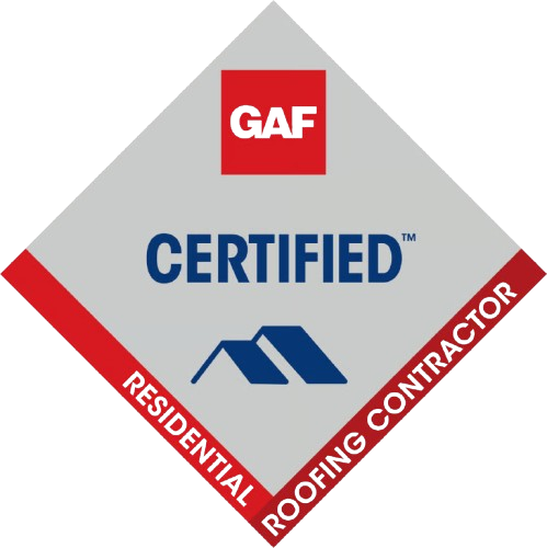 GAF Certified Residential Roofing Contractor badge with red, blue, and gray diamond design