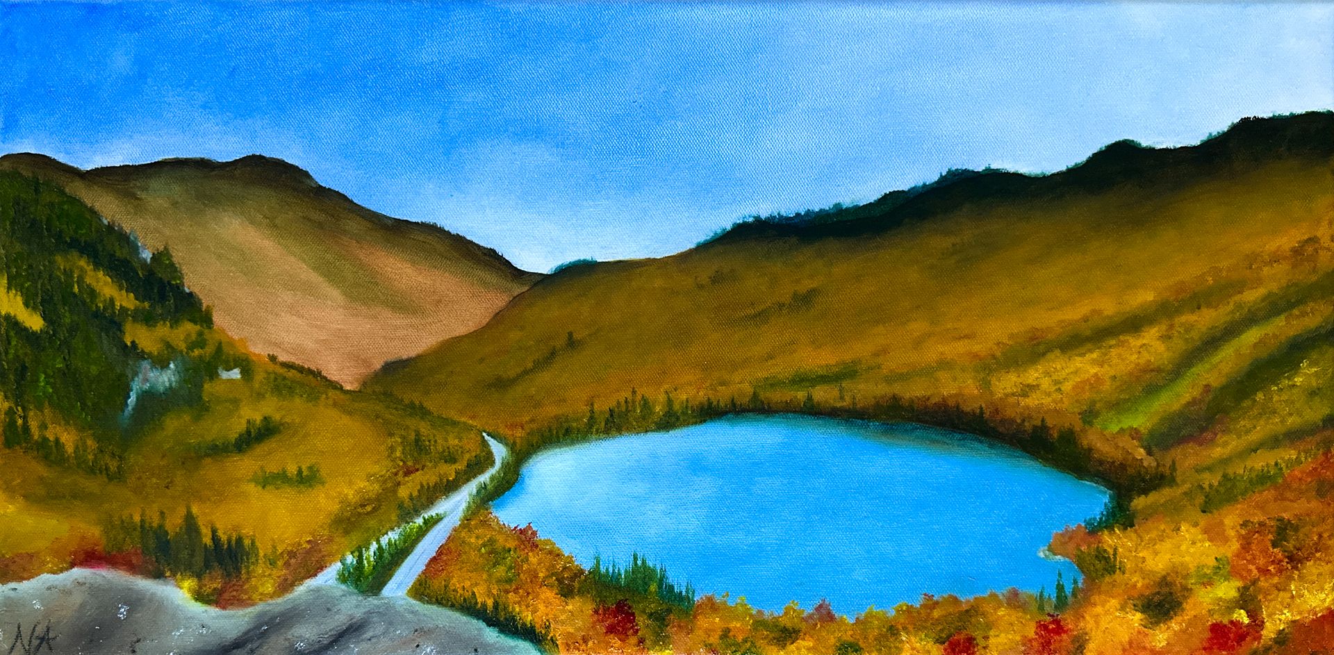 A painting of a lake surrounded by mountains and trees