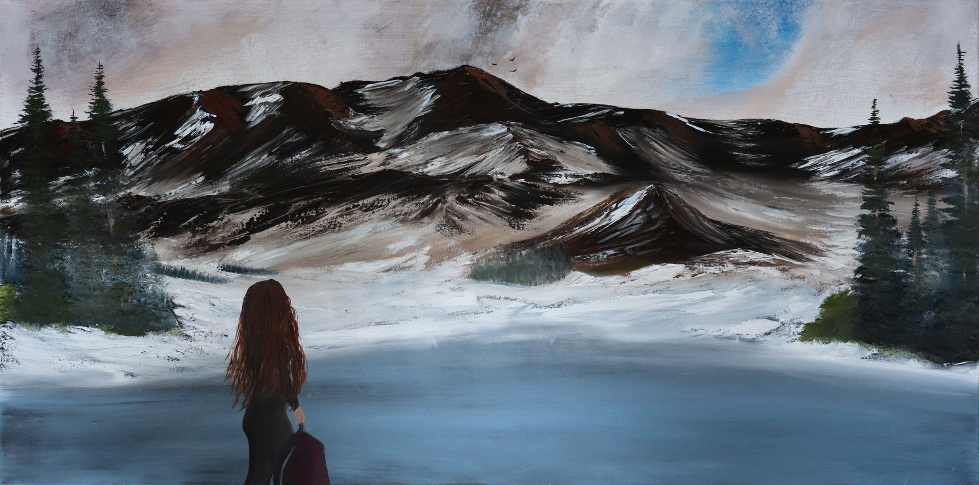 A painting of a woman standing in front of a snowy mountain