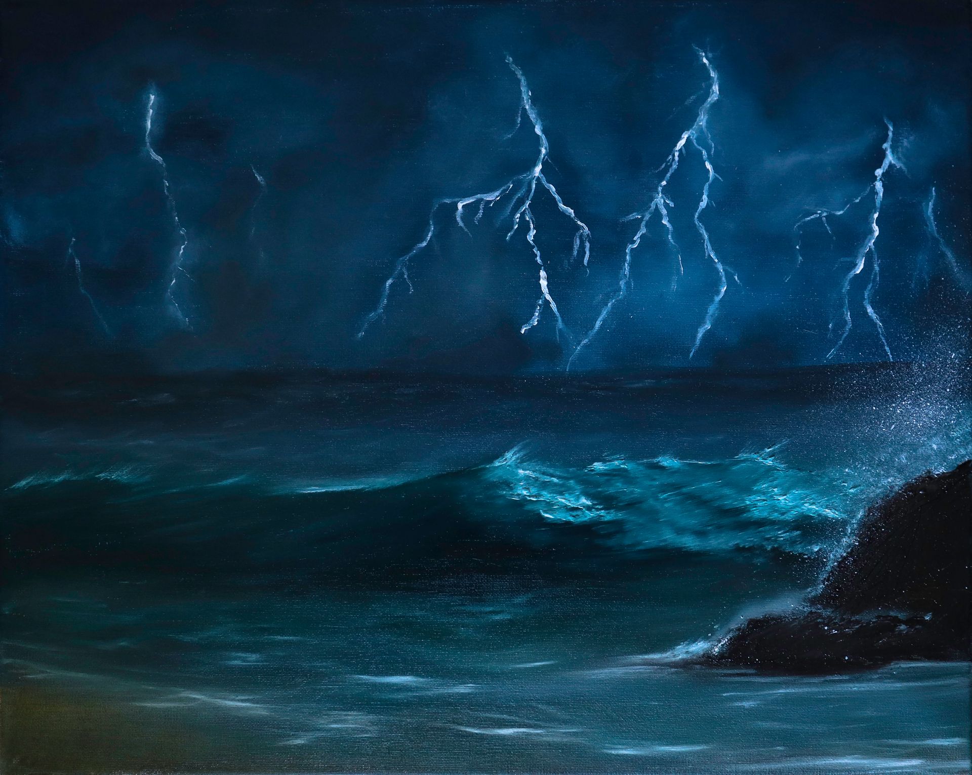 A painting of a storm in the ocean with lightning and waves.