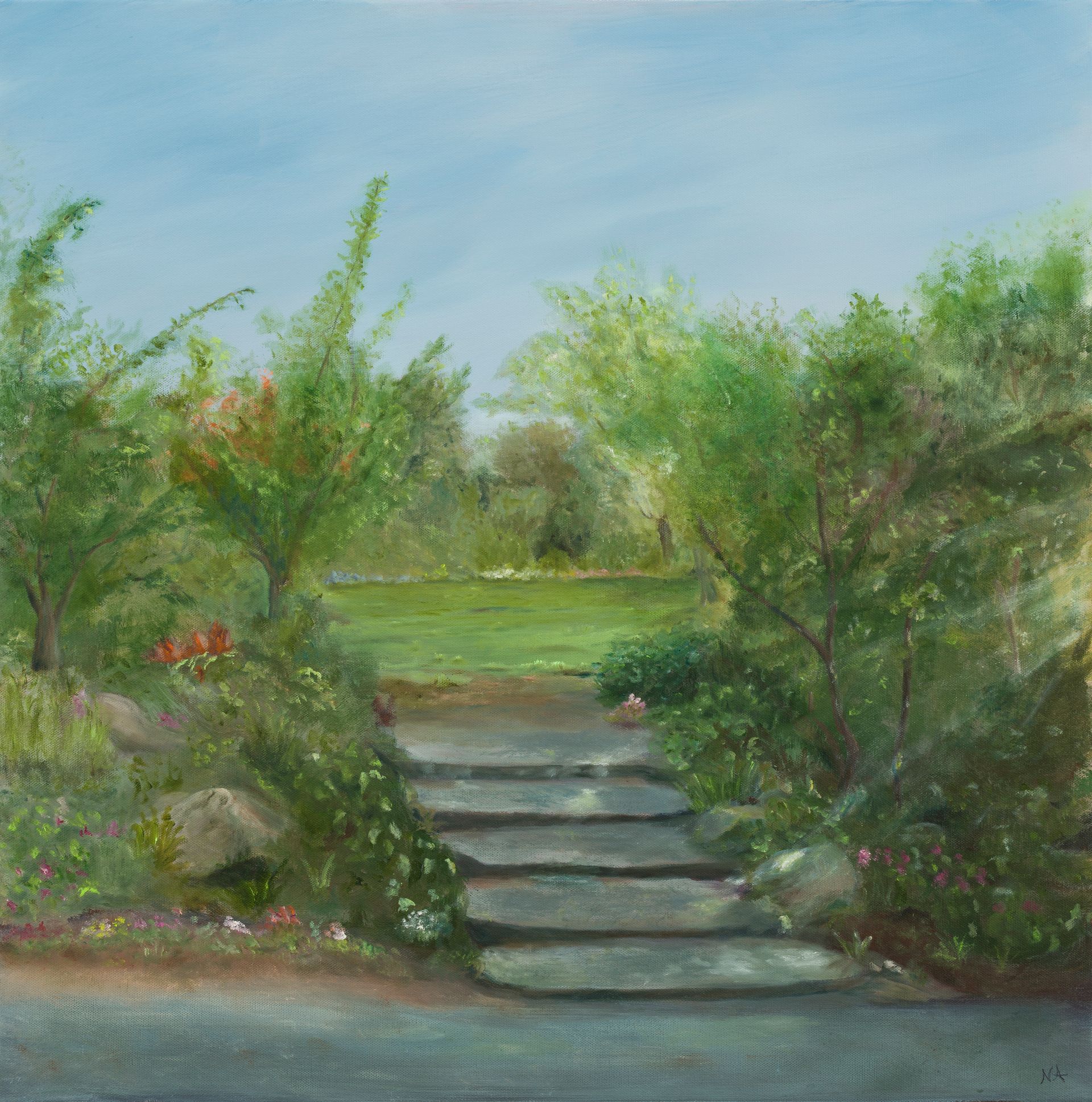 A painting of stairs leading up to a grassy field surrounded by trees and bushes.