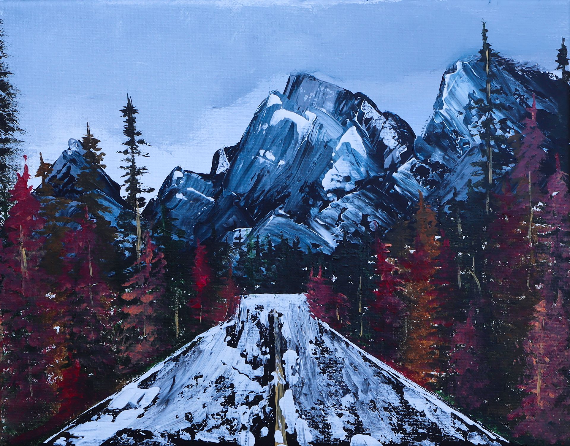 A painting of a snowy road with mountains in the background