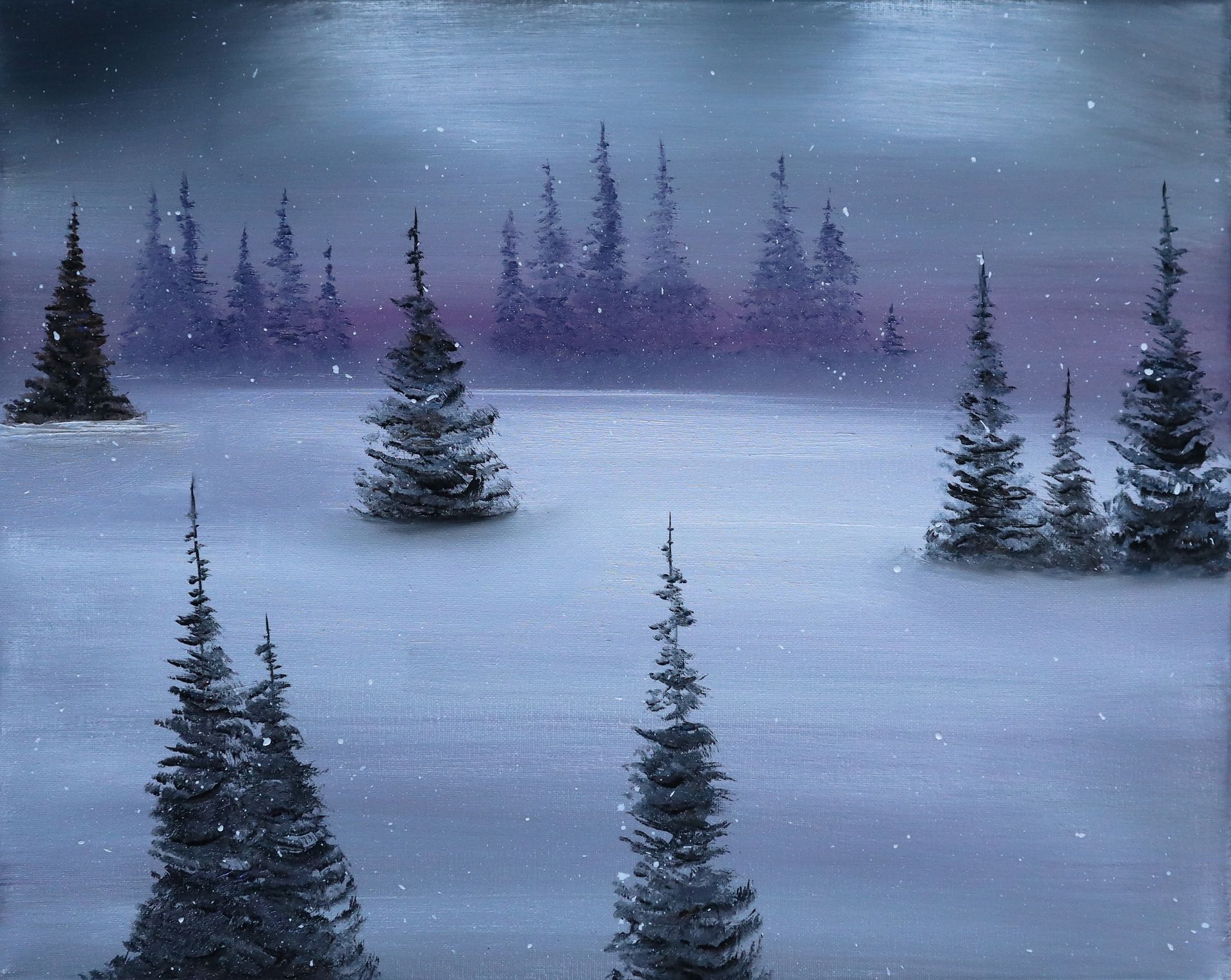 A painting of a snowy forest with trees covered in snow