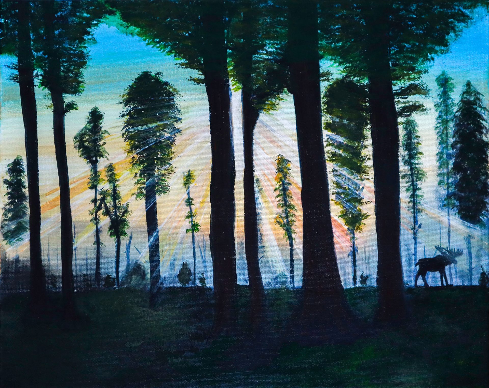 A painting of a moose walking through a forest