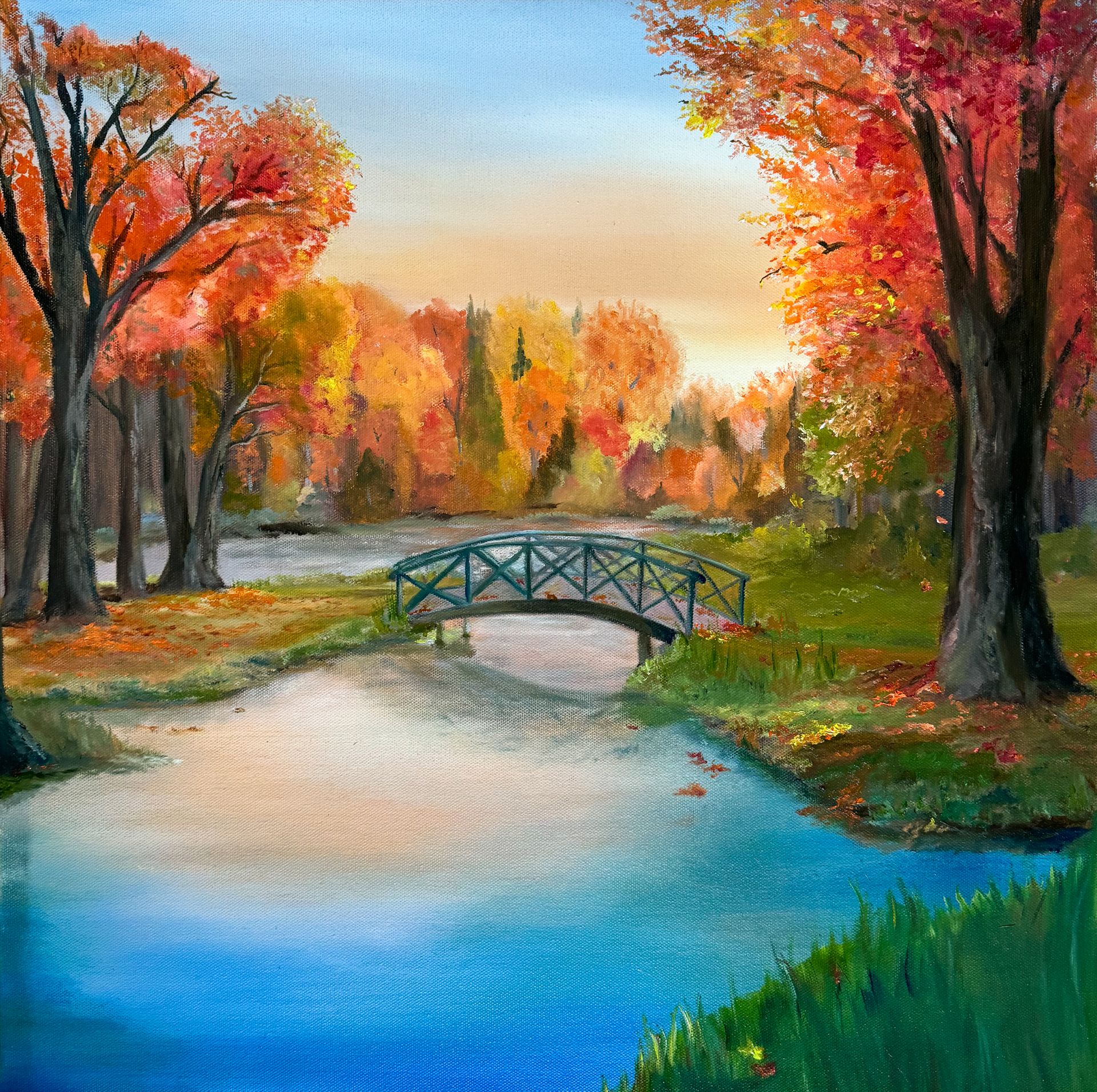 A painting of a bridge over a river with trees in the background