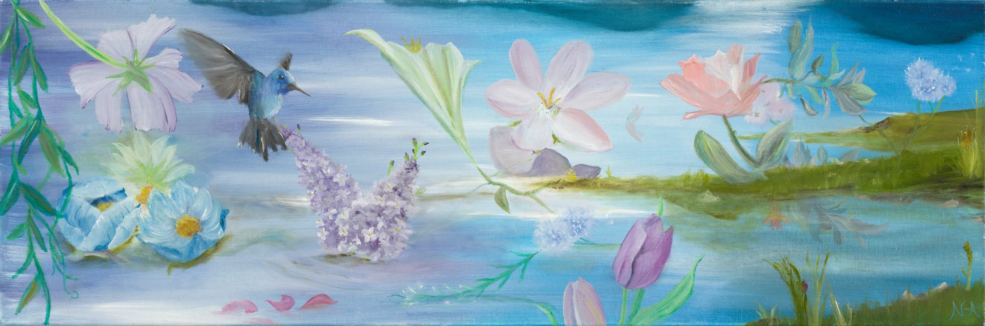 Oil painting of various colorful flowers, a blue hummingbird bird, and a lake.