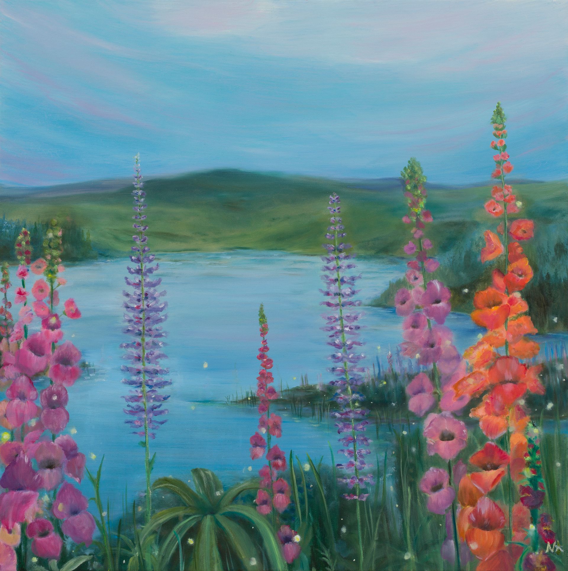 Painted lakeside landscape with colorful wildflowers, green hills, and a calm blue sky