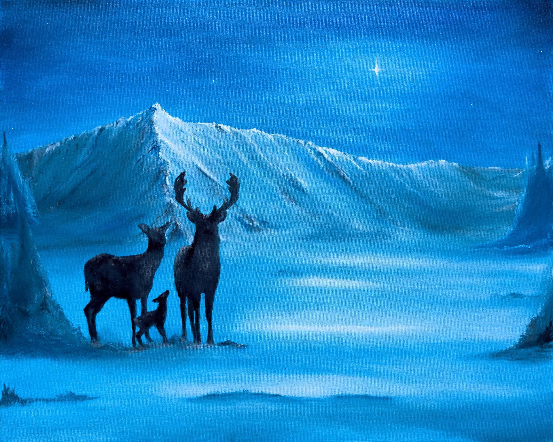 A painting of three deer following the North Star in a snowy landscape.