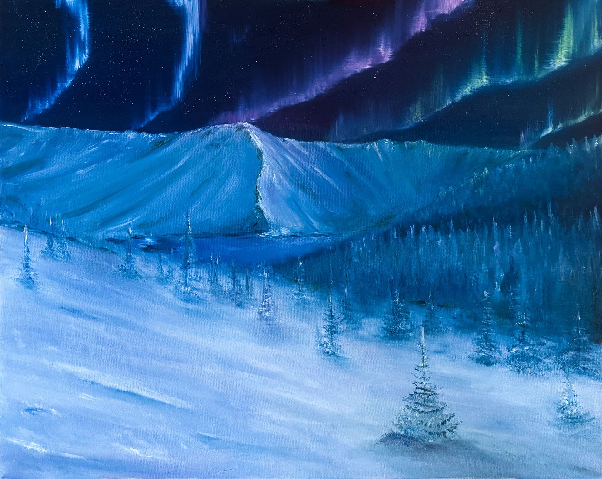 Northern lights over a snow-covered mountain range and forest, in blues and purples.