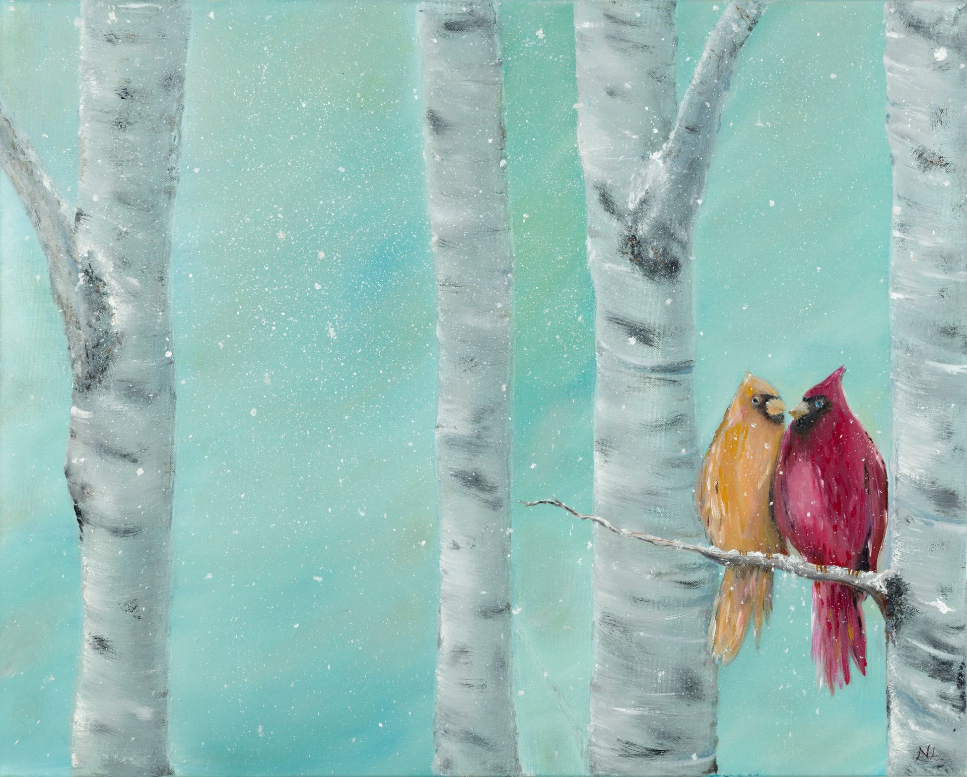 A painting of two cardinals perched on a branch in a snowy forest.