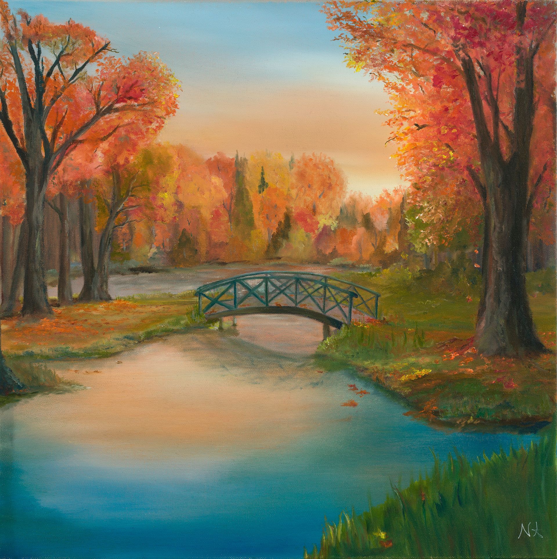 A painting of a bridge over a river with trees in the background