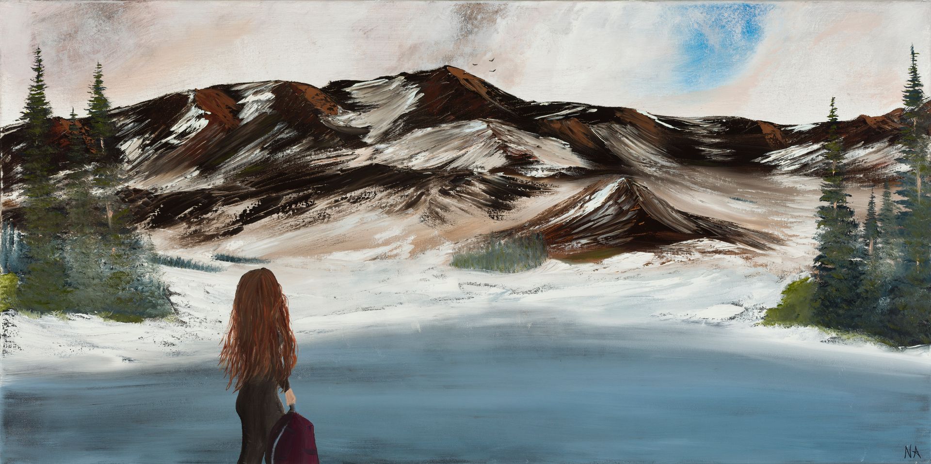 A painting of a woman standing in front of a snowy mountain.