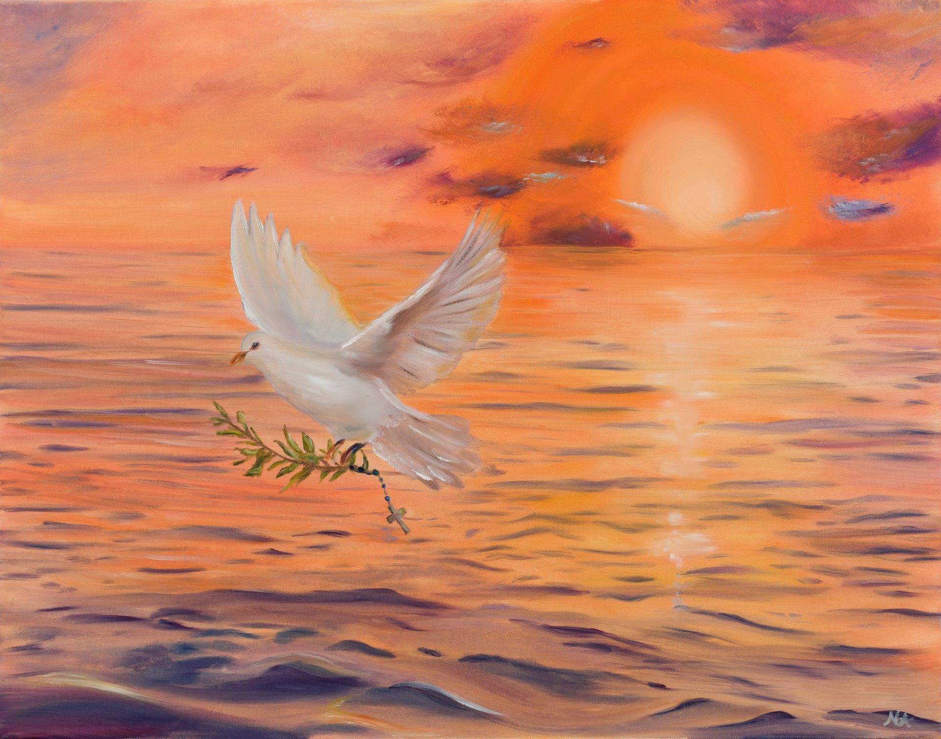 White dove carrying an olive branch over an orange sunset sea