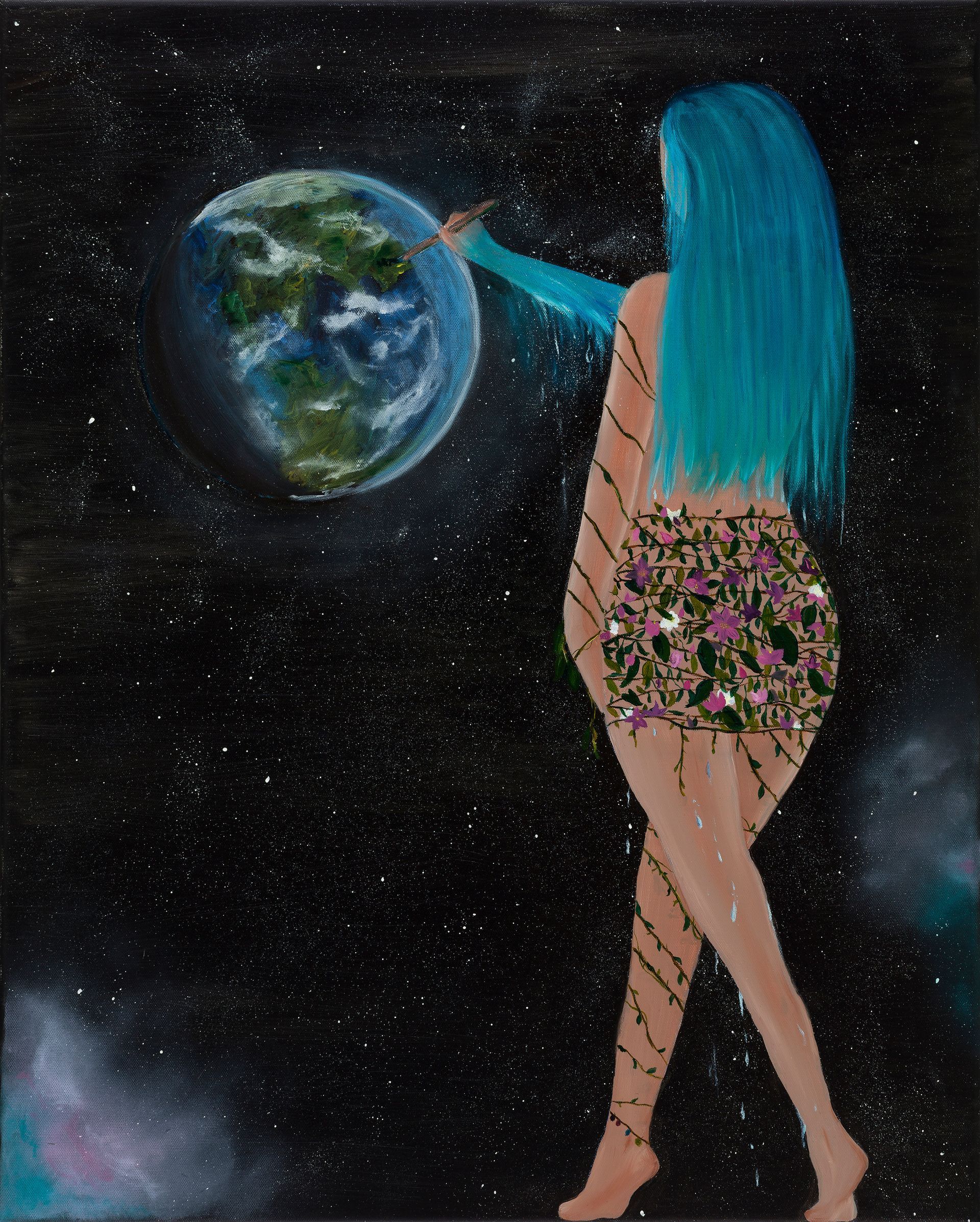 Woman with blue hair in space, painting Earth. She wears a floral skirt.