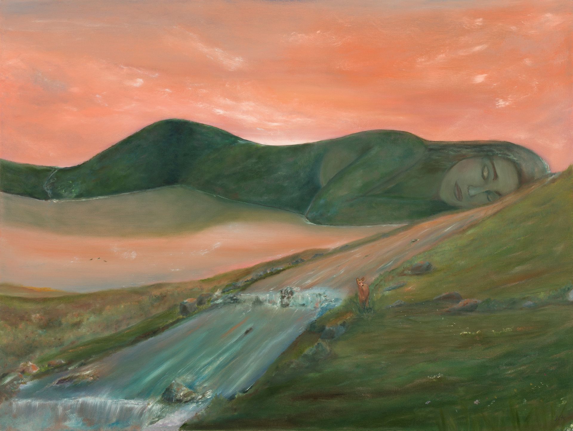 Woman lying on a green hillside beside a winding road under a pink sunset sky