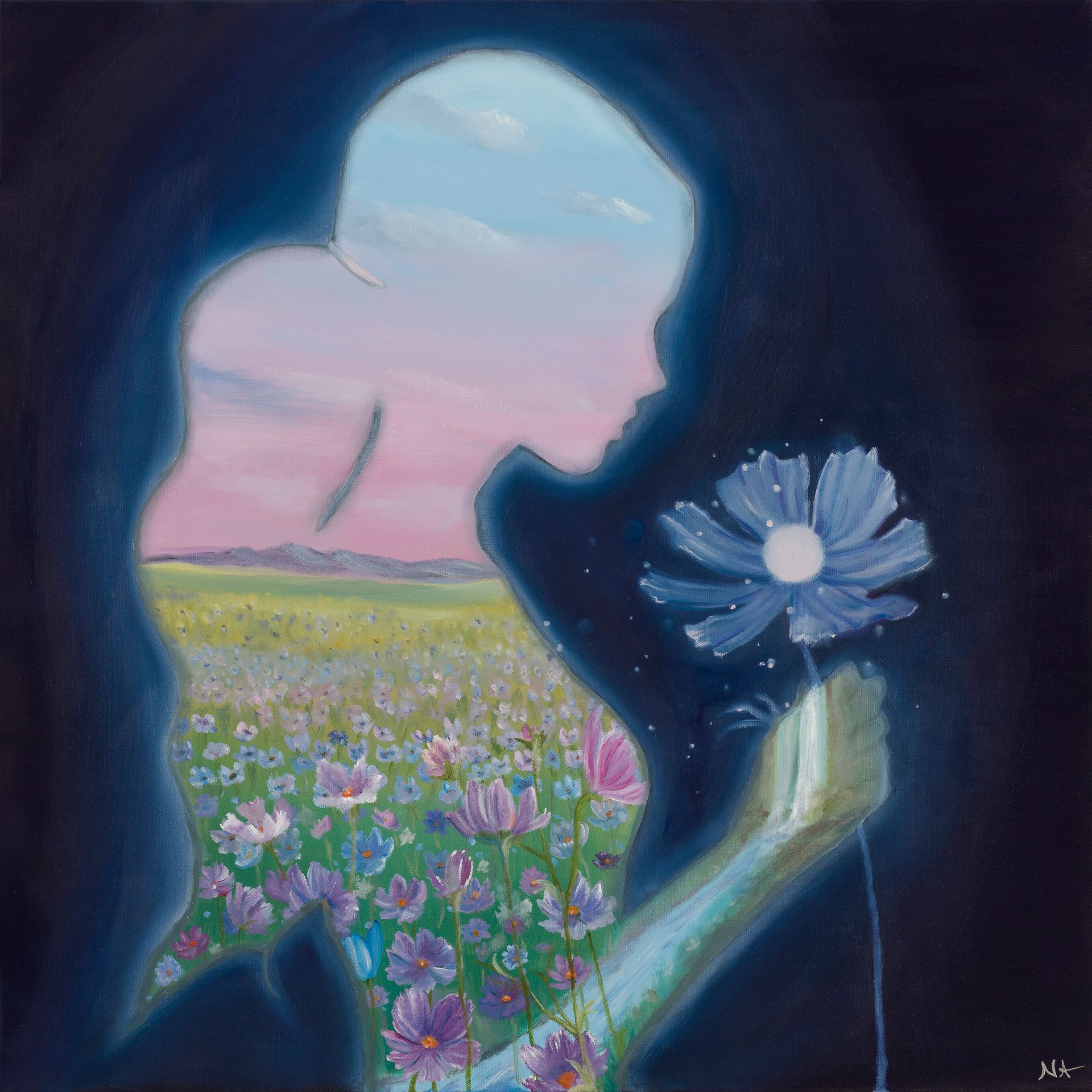 Silhouette gazing at a glowing blue flower over a field of pink blooms at dusk