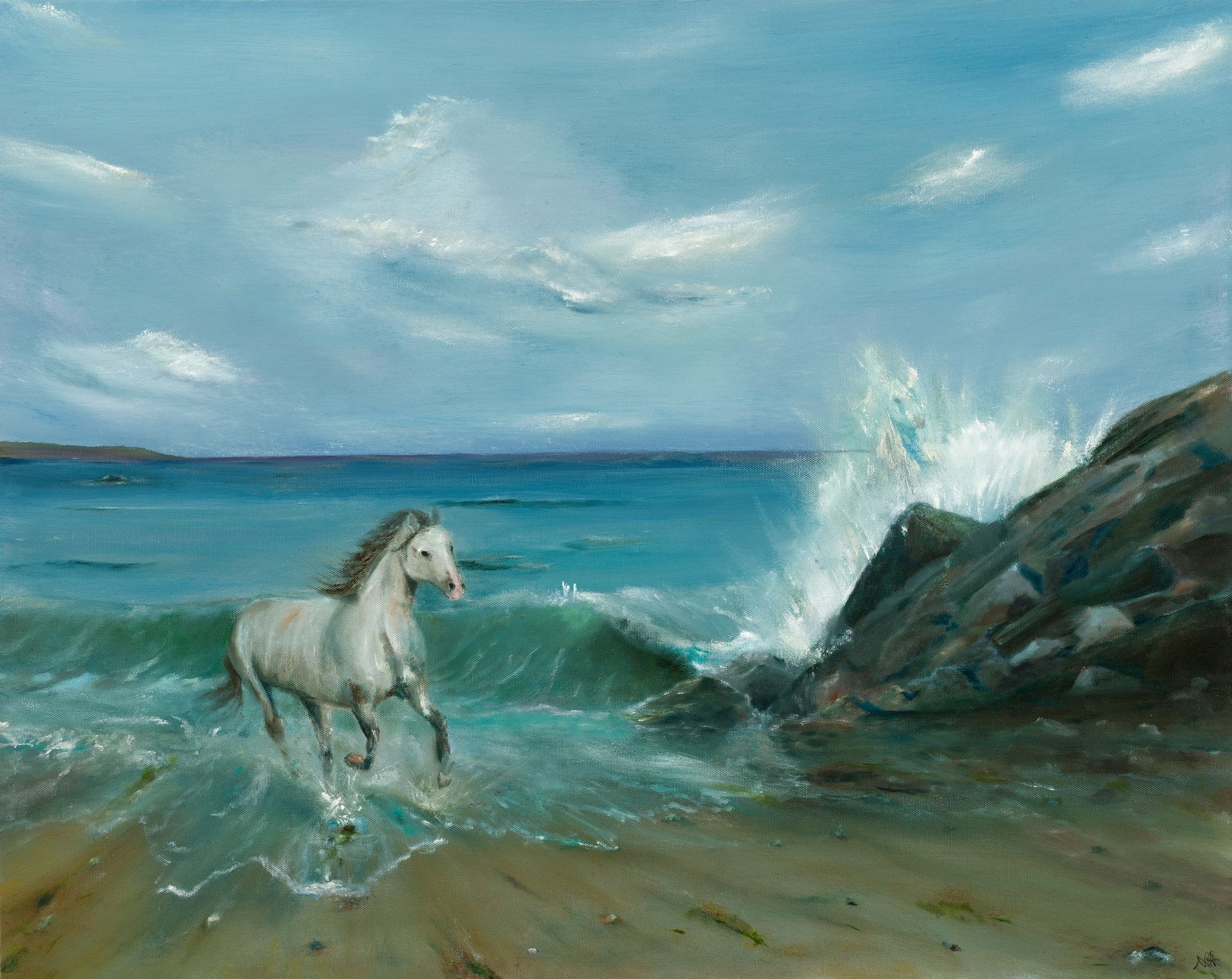 White horse by a rocky shoreline as waves splash under a cloudy blue sky
