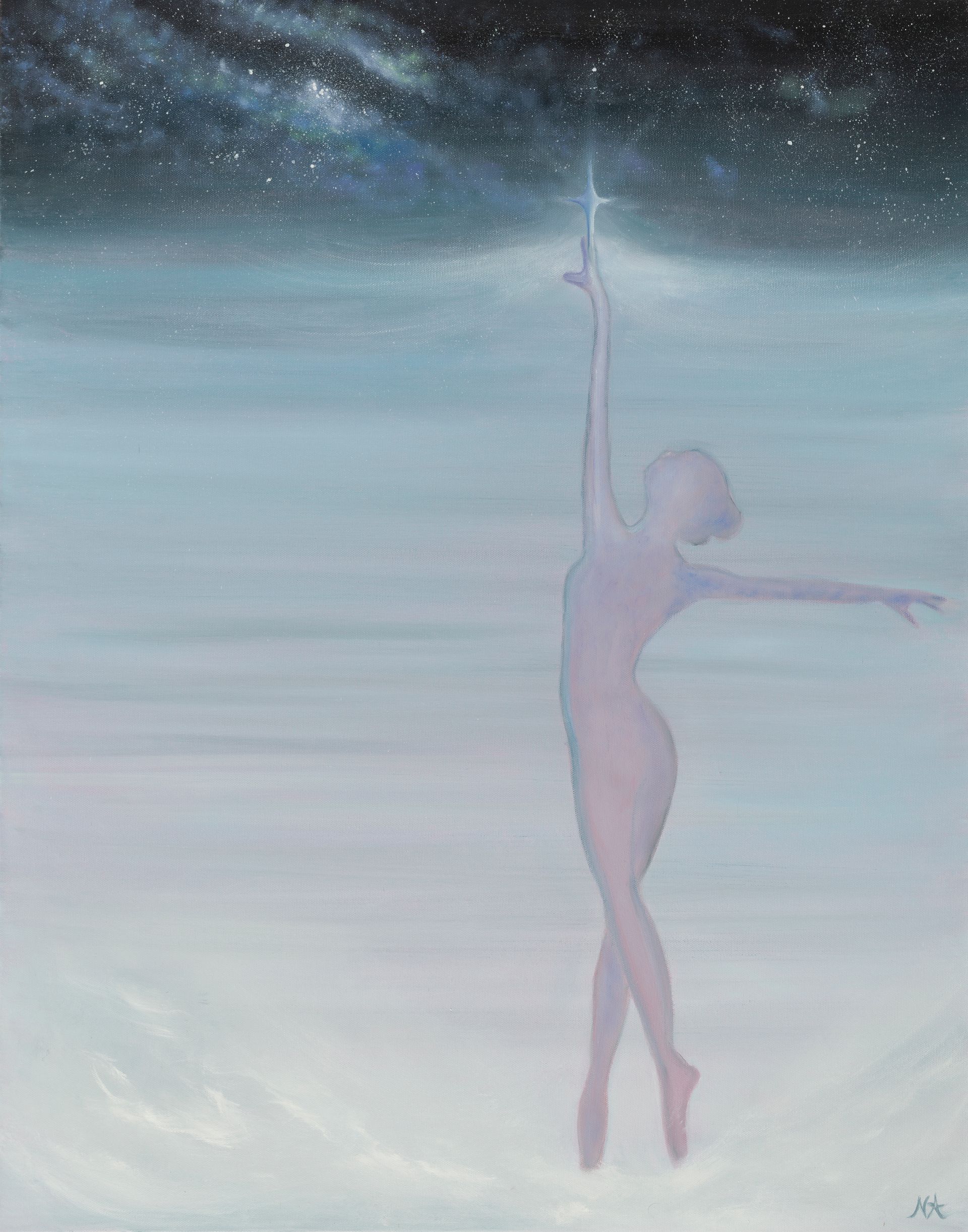 A dancer reaches toward a brilliant star in a vast, ethereal, and misty blue-toned starry sky.