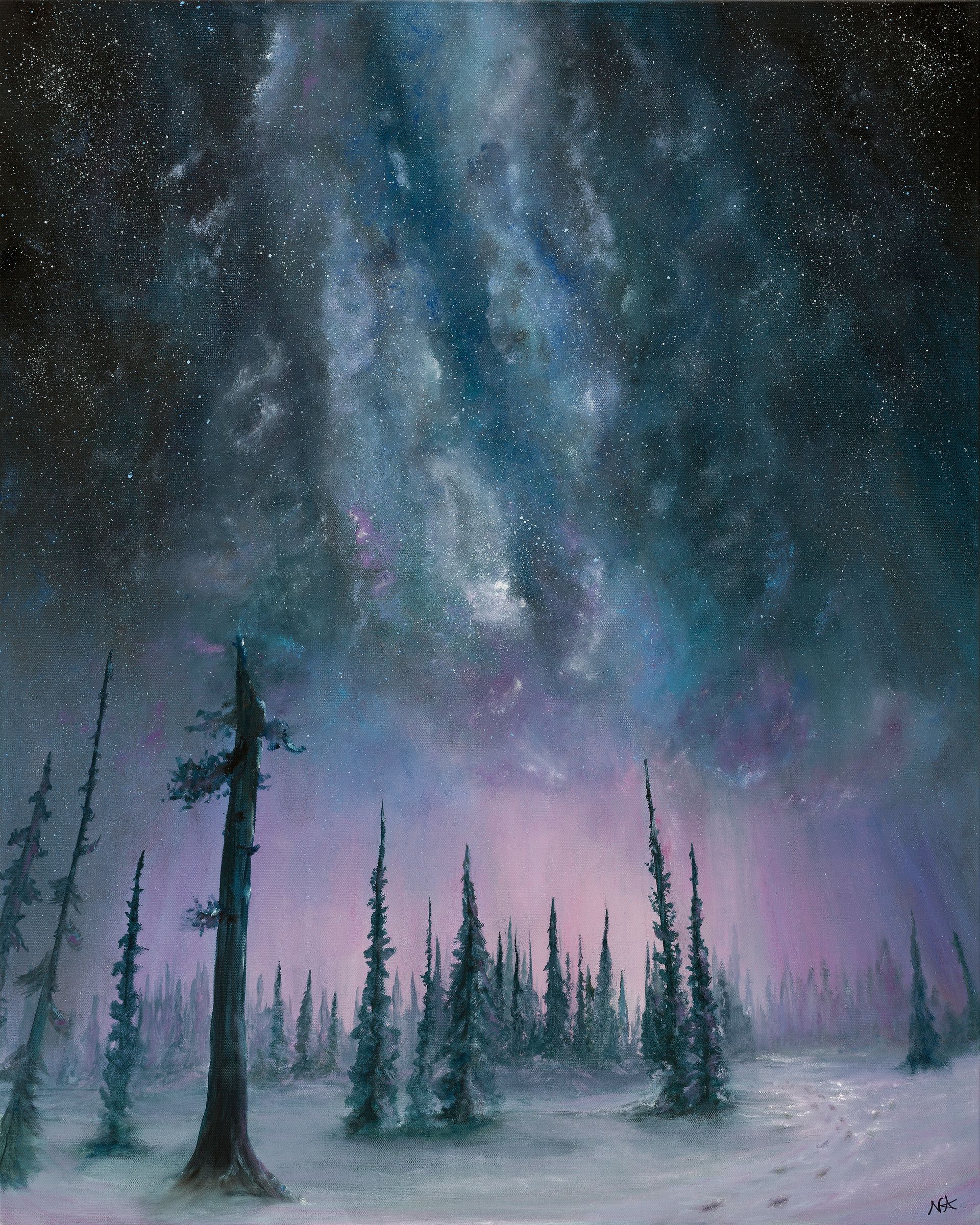 Night sky painting over snow-covered forest; Milky Way visible in shades of purple, blue, and black.
